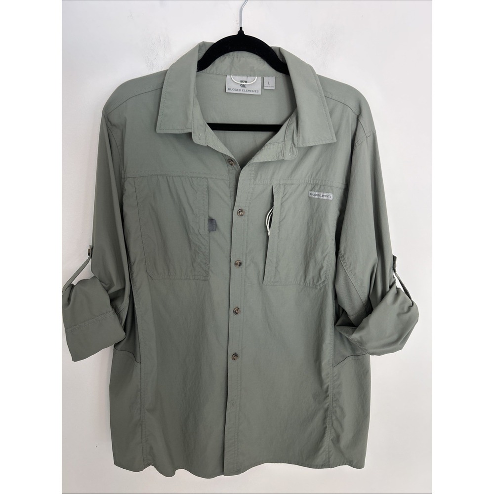 Rugged‎ Elements Outdoor Shirt Mens Large Green Roll-Up Sleeve Stretch Nylon